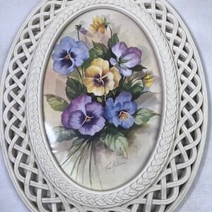 Floral Wall‎ Art Pansies Oval Framed Print Cottagecore Woven flowercore boho